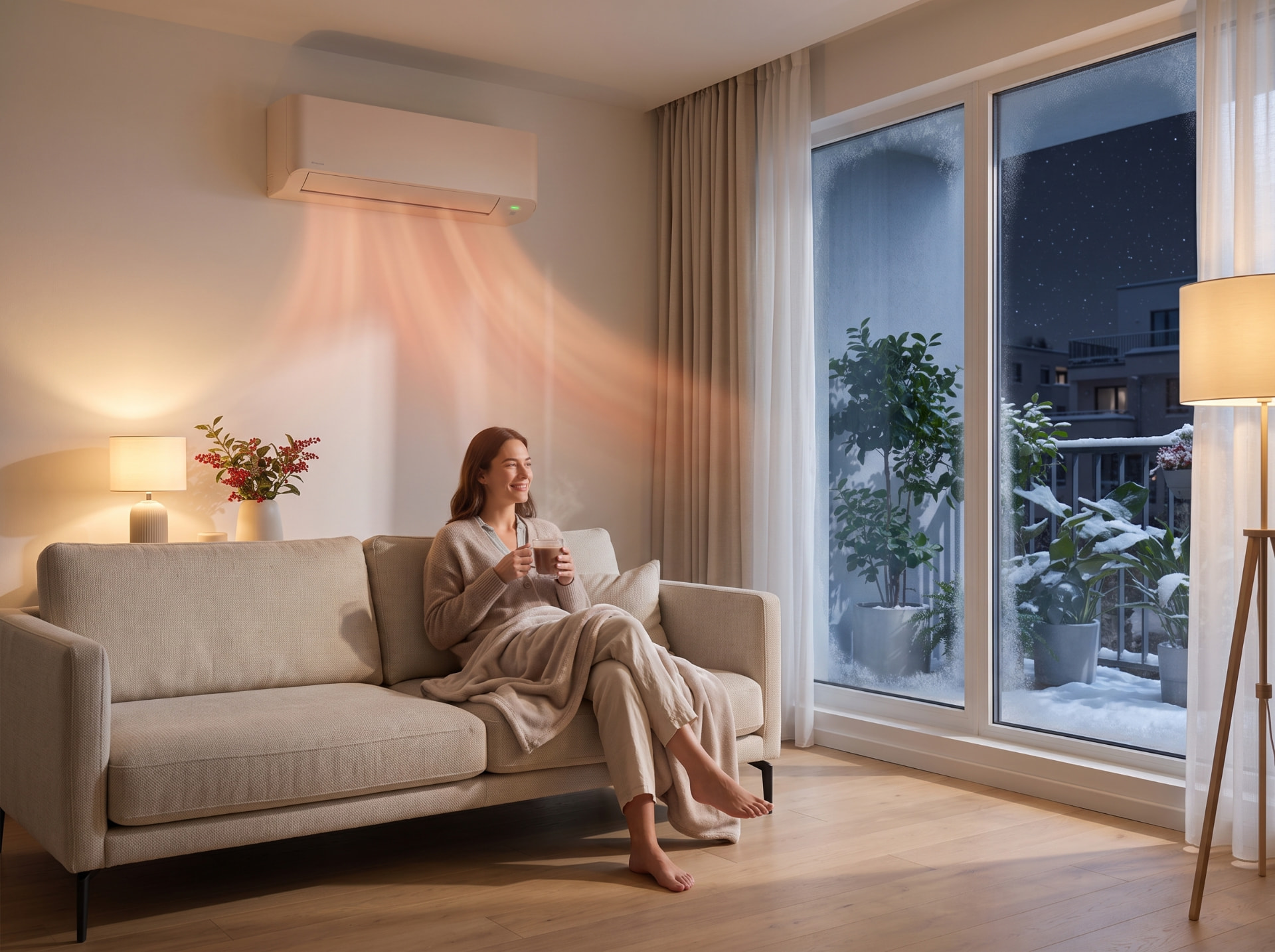 Salon chauffé par une climatisation réversible pendant une nuit d'hiver